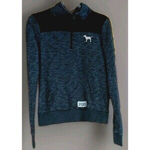 VS PINK Quarter Zip Pullover Small Black Gray Fleece LOVE PINK Dog Logo